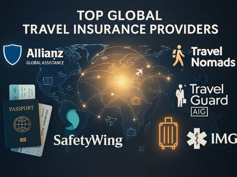 top providers offering the best travel insurance for international travel, including Allianz, World Nomads, Travel Guard, SafetyWing, and IMG Global.