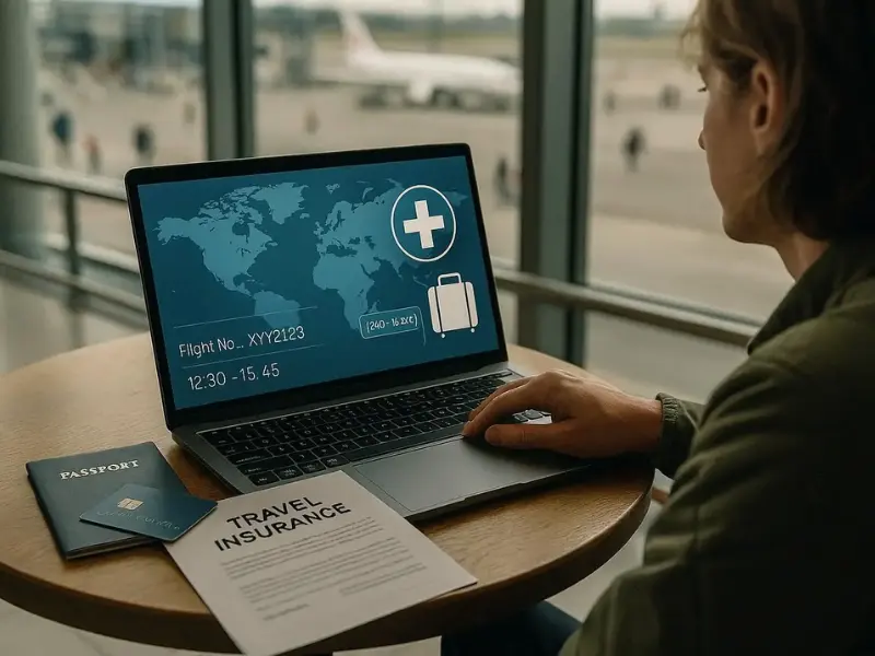 Traveler evaluating medical and travel risks, representing the importance of travel insurance for international travel.